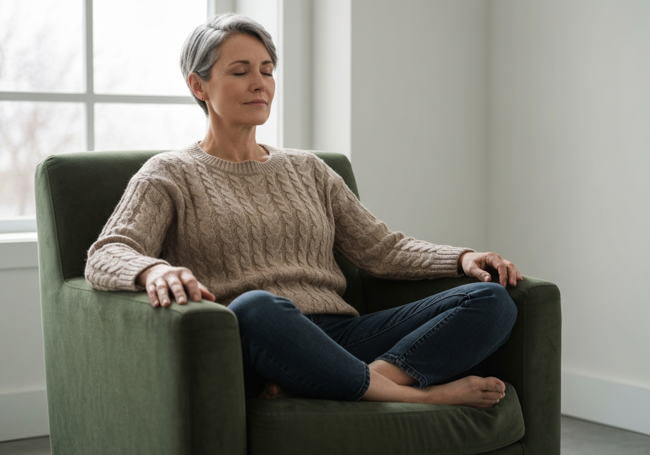 Older woman sitting comfortably in a plush chair meditating with eyes closed