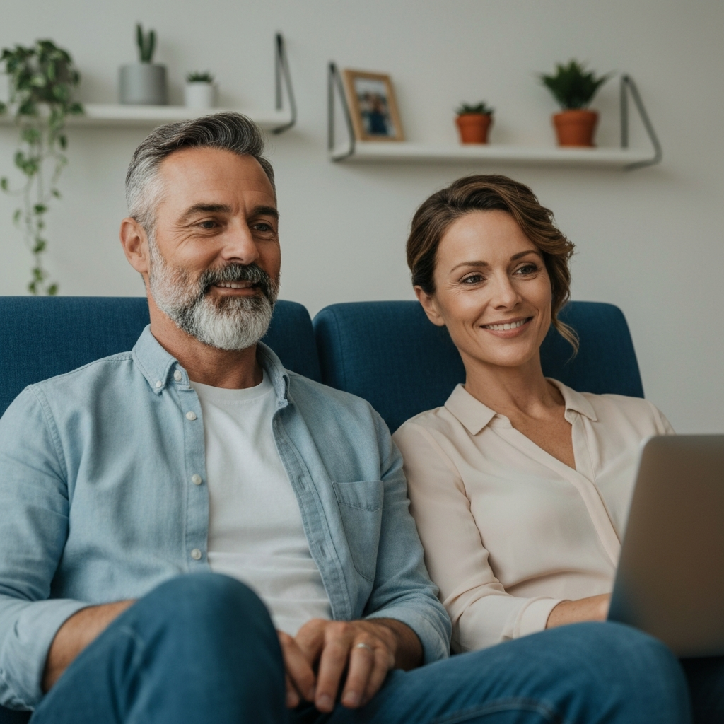 Couple relaxed watching Zoom presentation