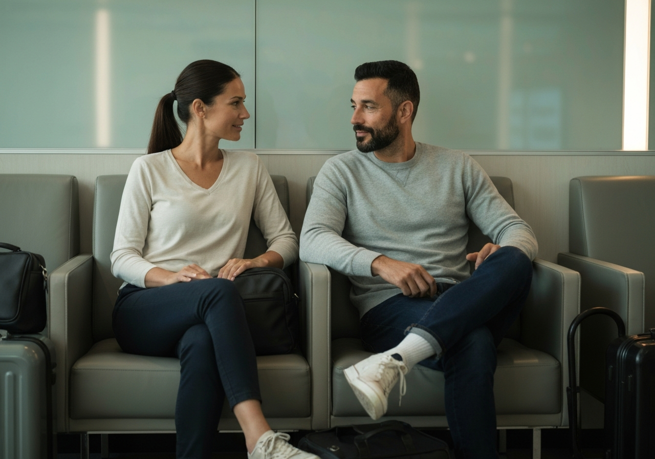 Mixed race couple in their 40s sitting in an airport business class lounge talking to each other