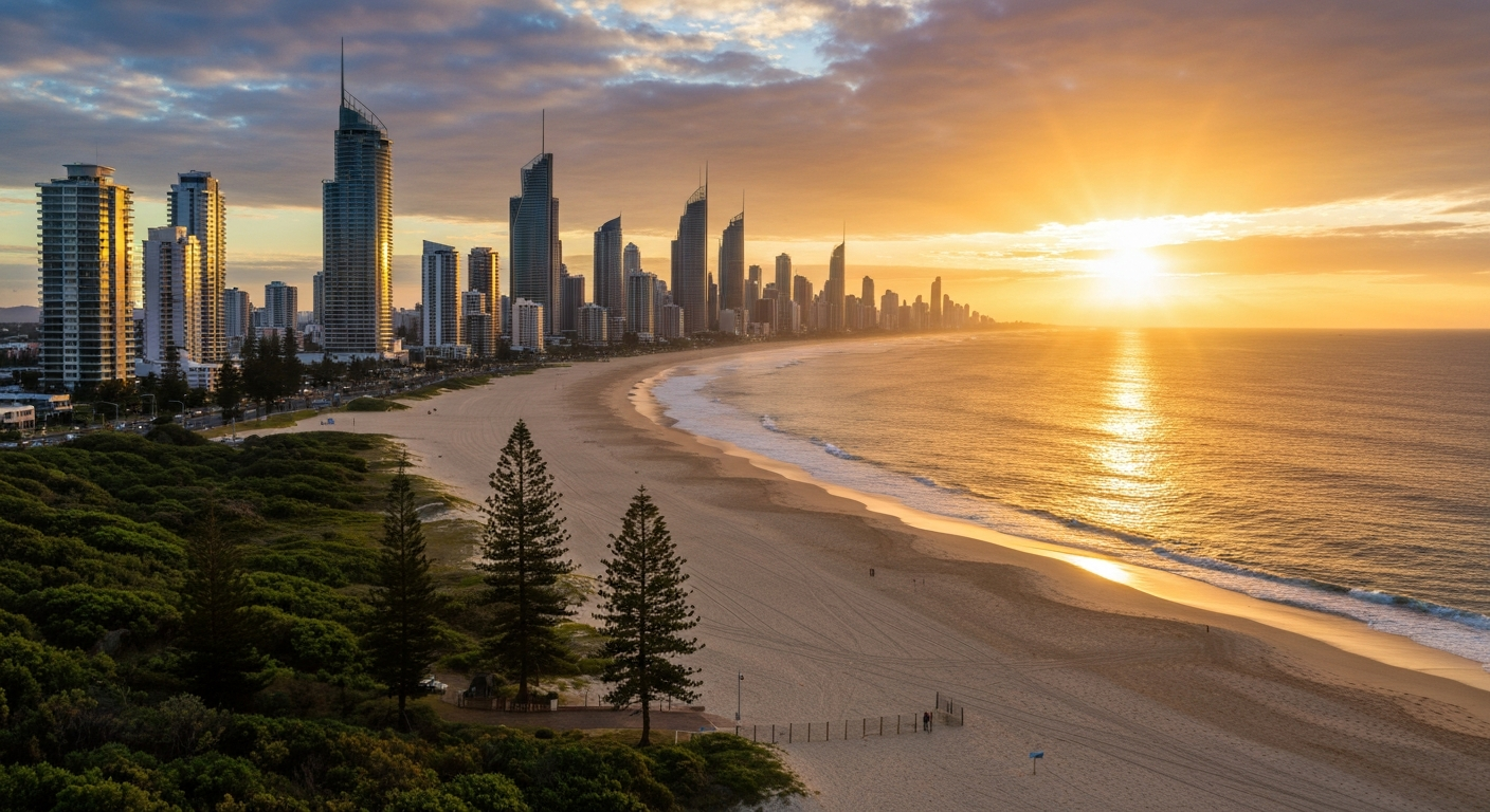 Gold Coast City skyline and beach at sunrise