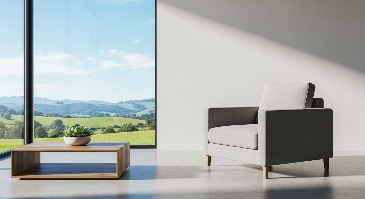 Serene modern living room with a comfortable chair positioned to the right