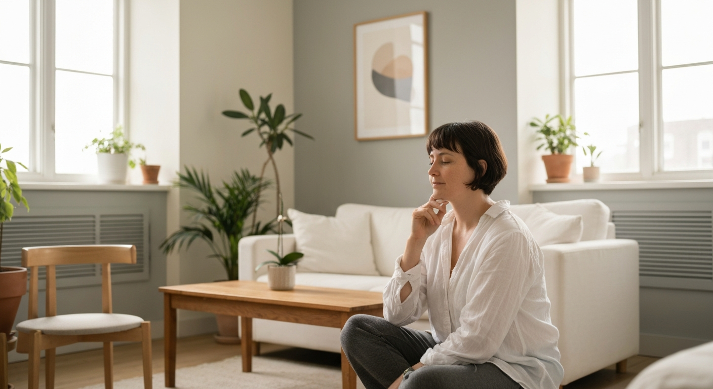 Person sitting thoughtfully in a bright, airy room