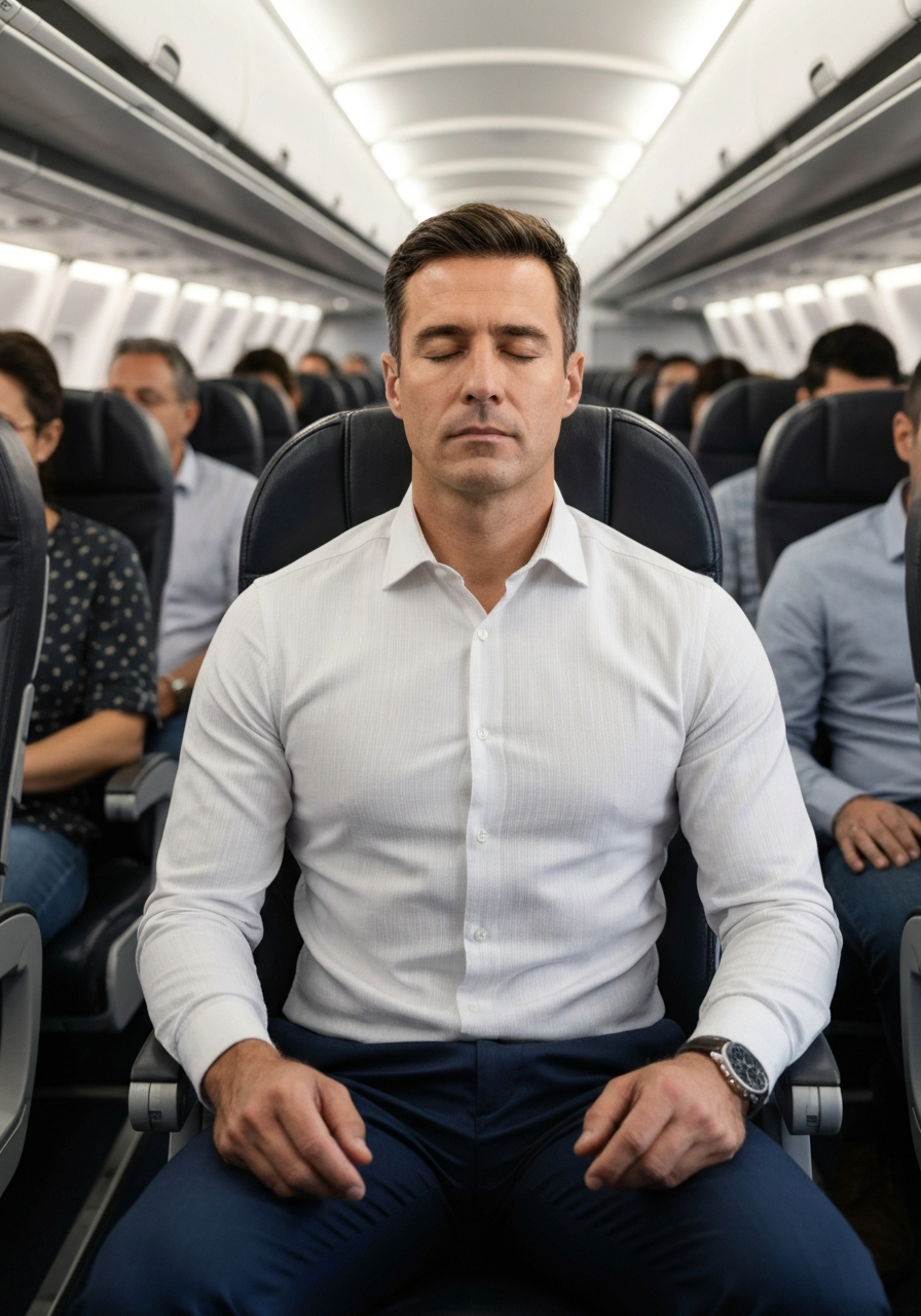 Man meditating in an airplane seat with other passengers in the background