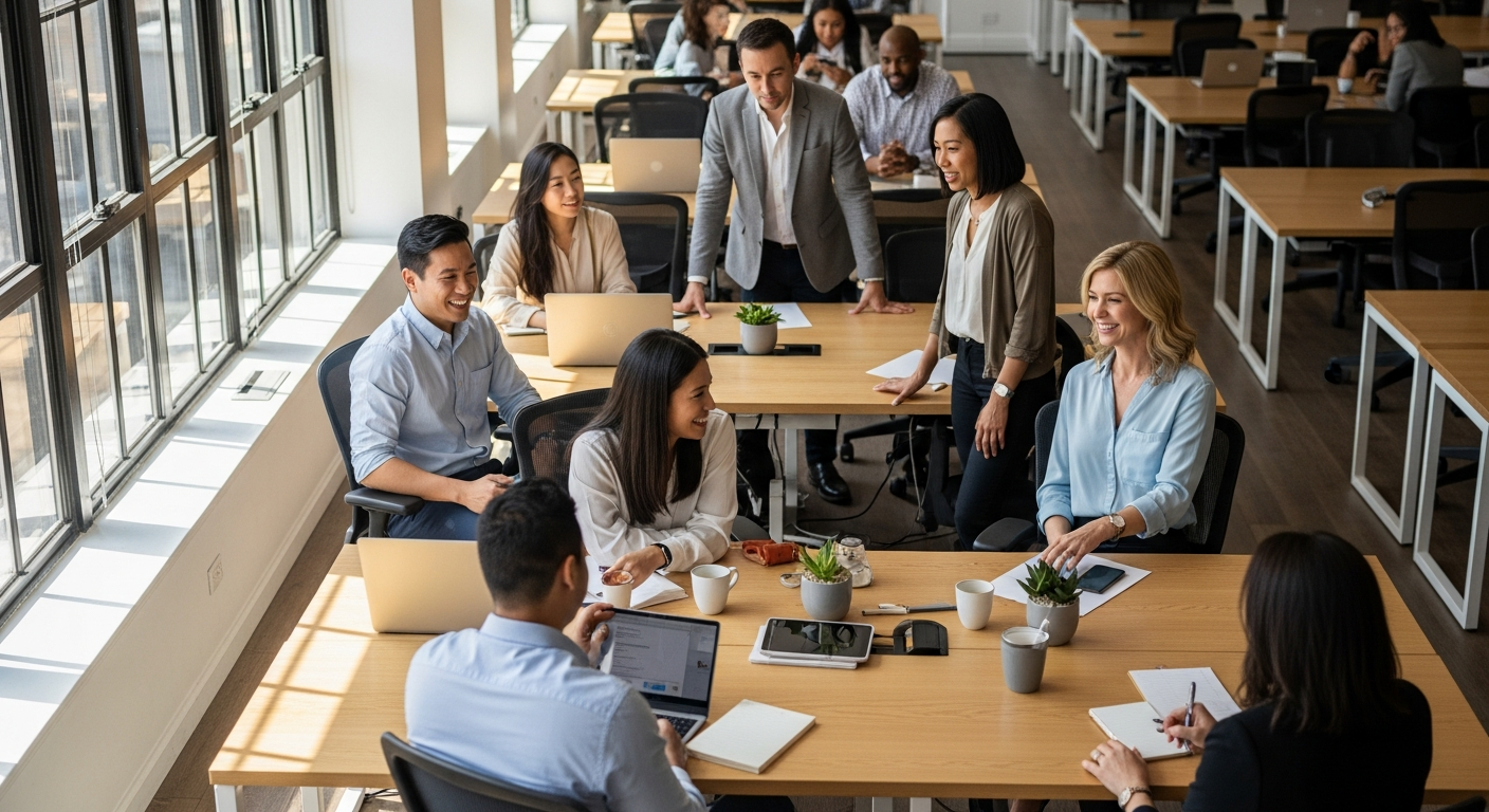 People working collaboratively in a modern office, focused on their tasks