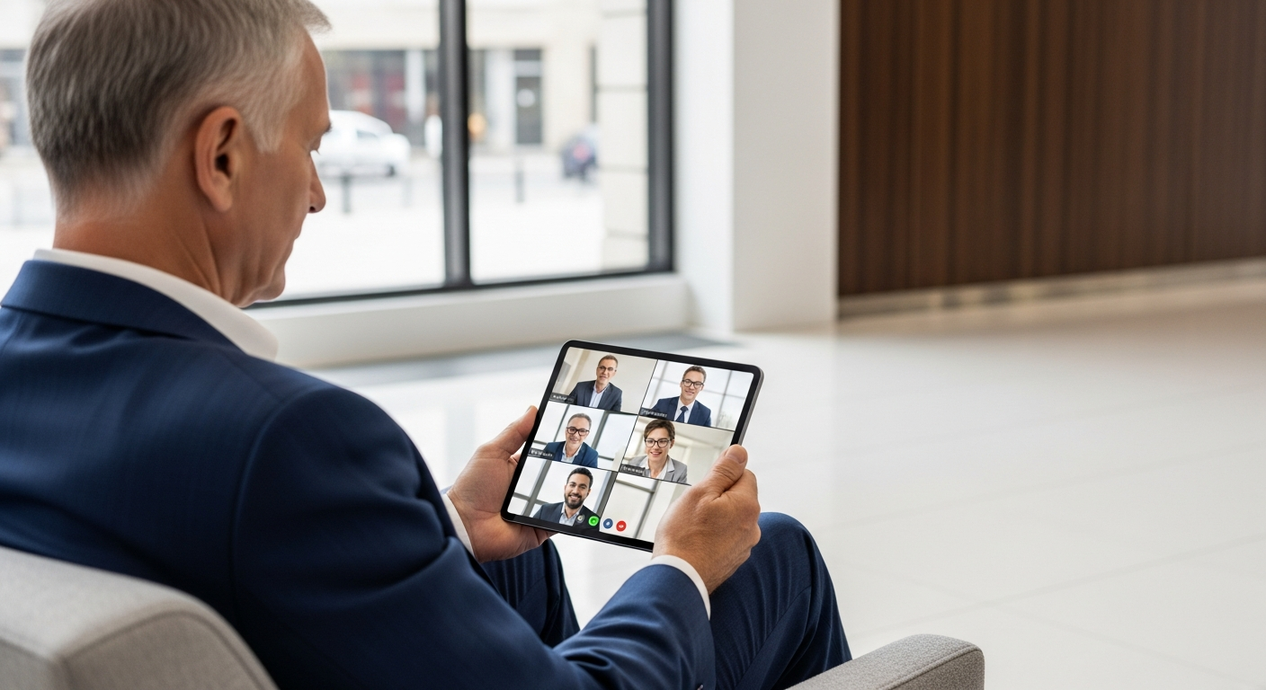 Older Caucasian man watching a video meeting on a tablet