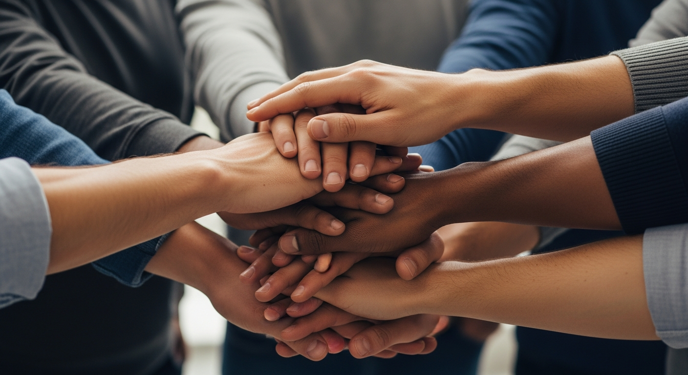 Diverse men's hands stacked together in teamwork