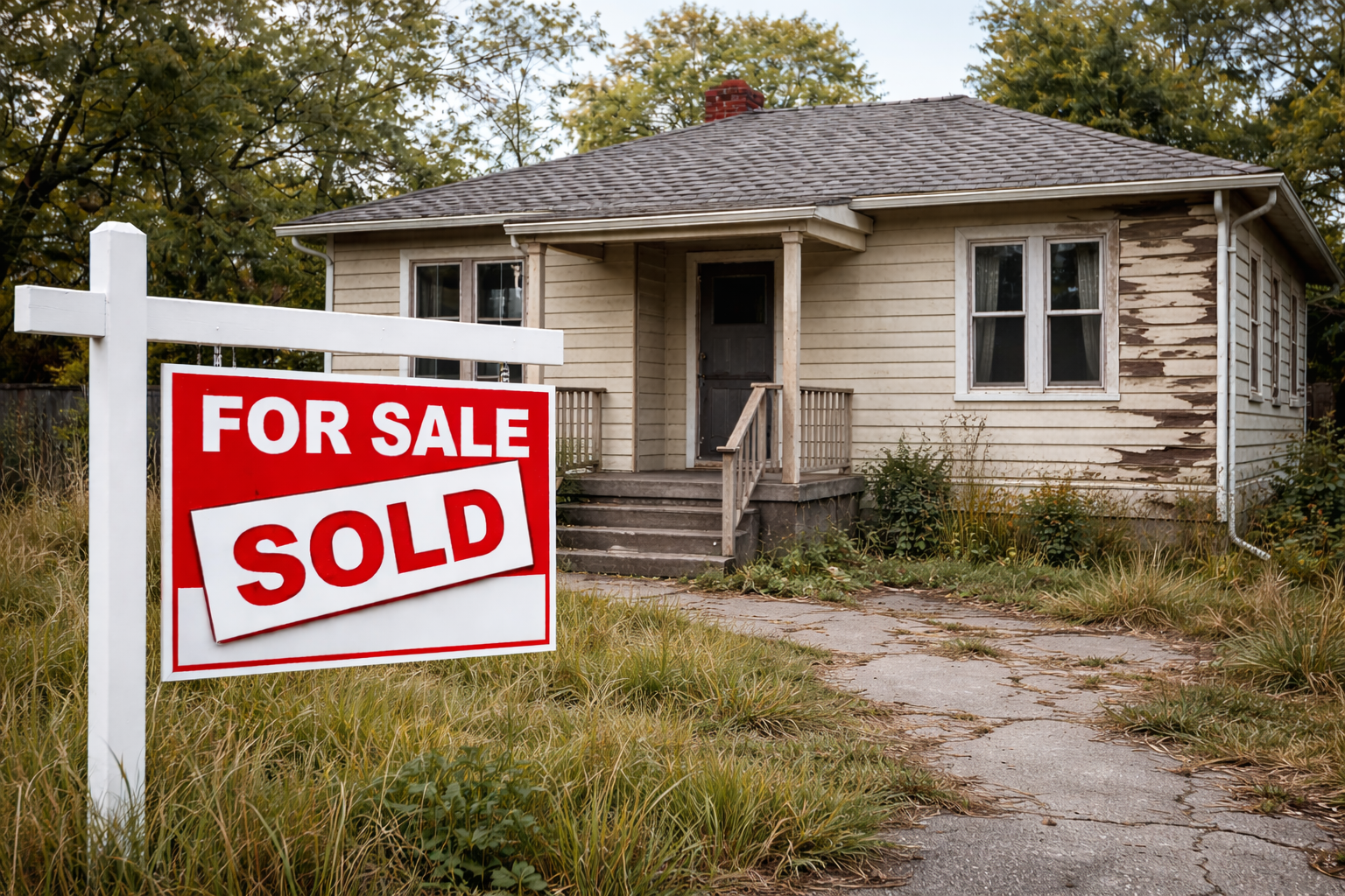 Distressed house with sold sign