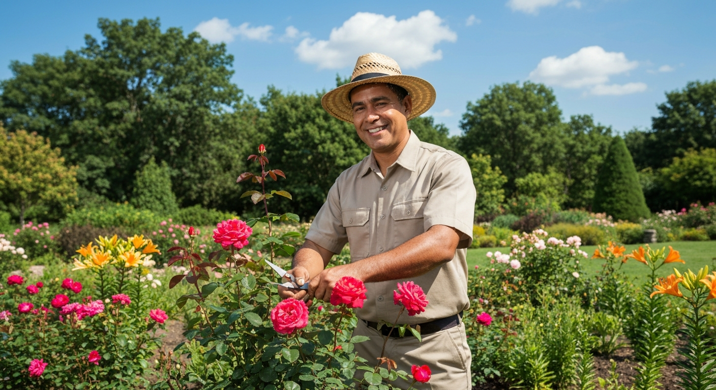 Professional landscaper from Custodian Groundskeeping working on a garden maintenance project