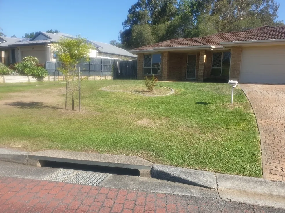 Large front yard with green grass and trees