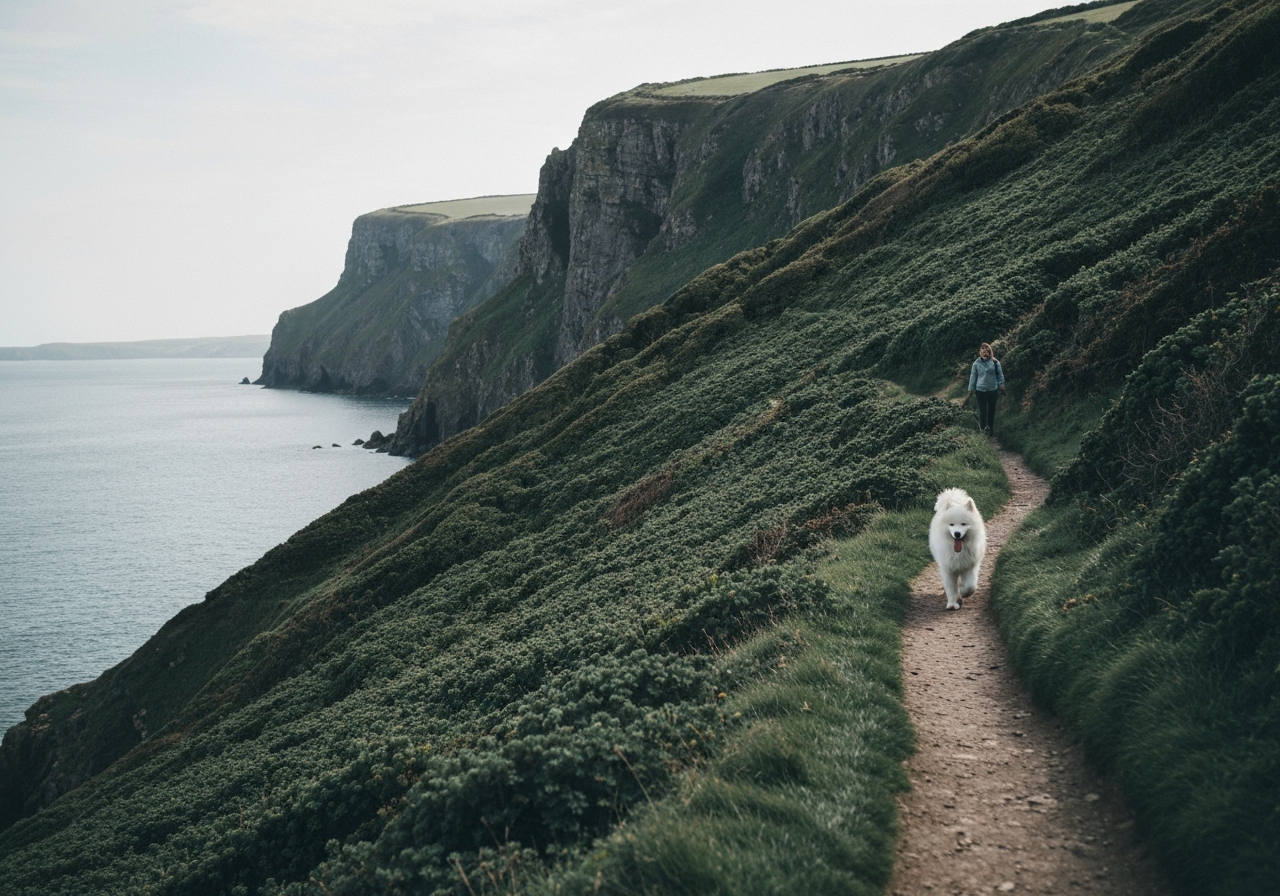 dog walking on Cornwall coastal path