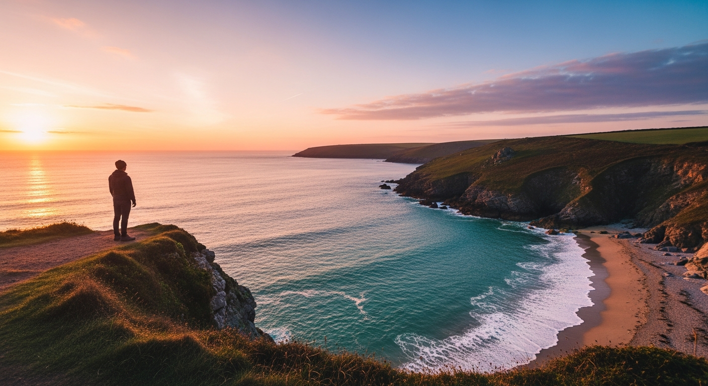 Solo traveler looking over calm Cornish coastline