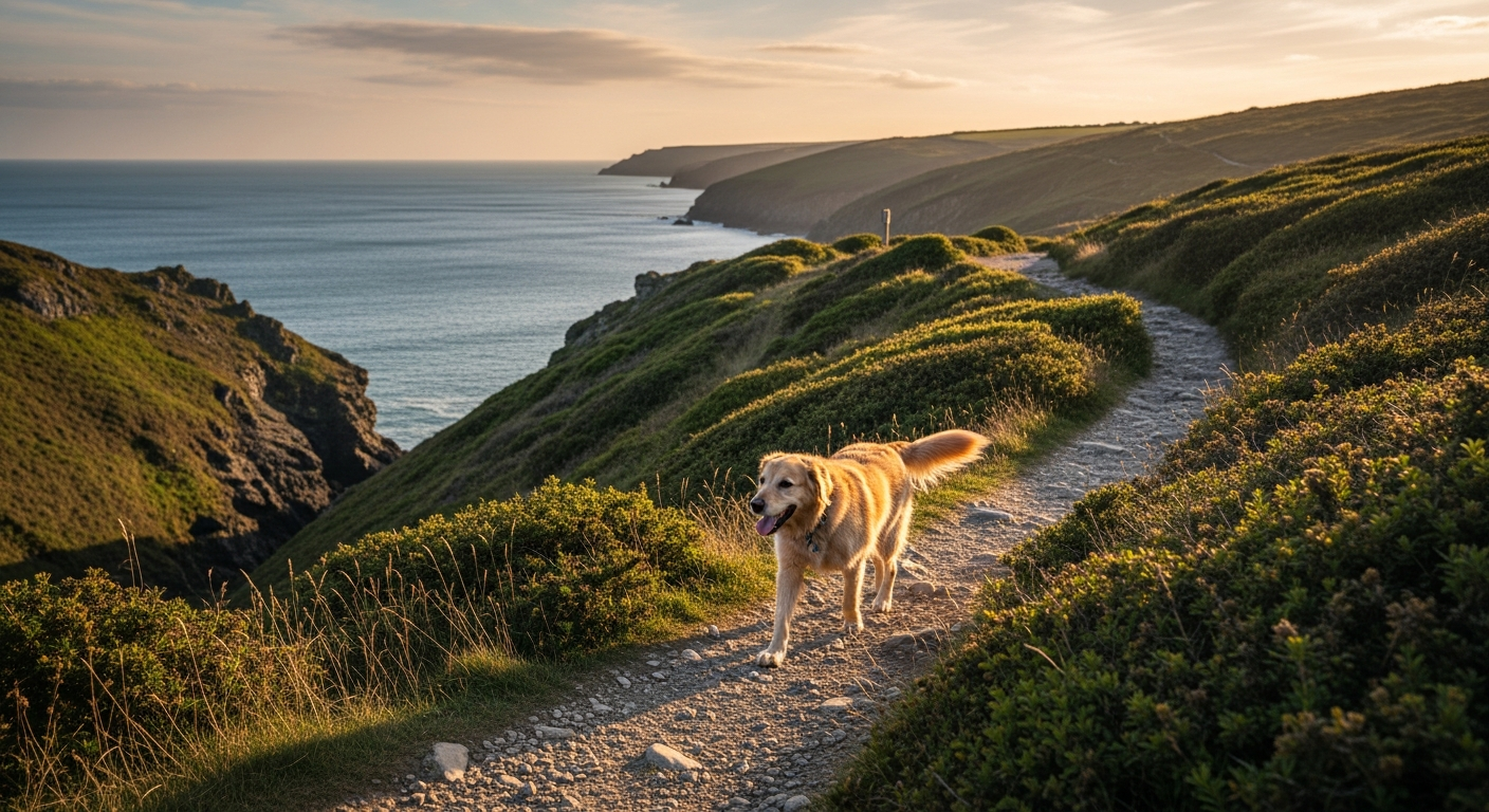 dog walking on Cornwall coastal path