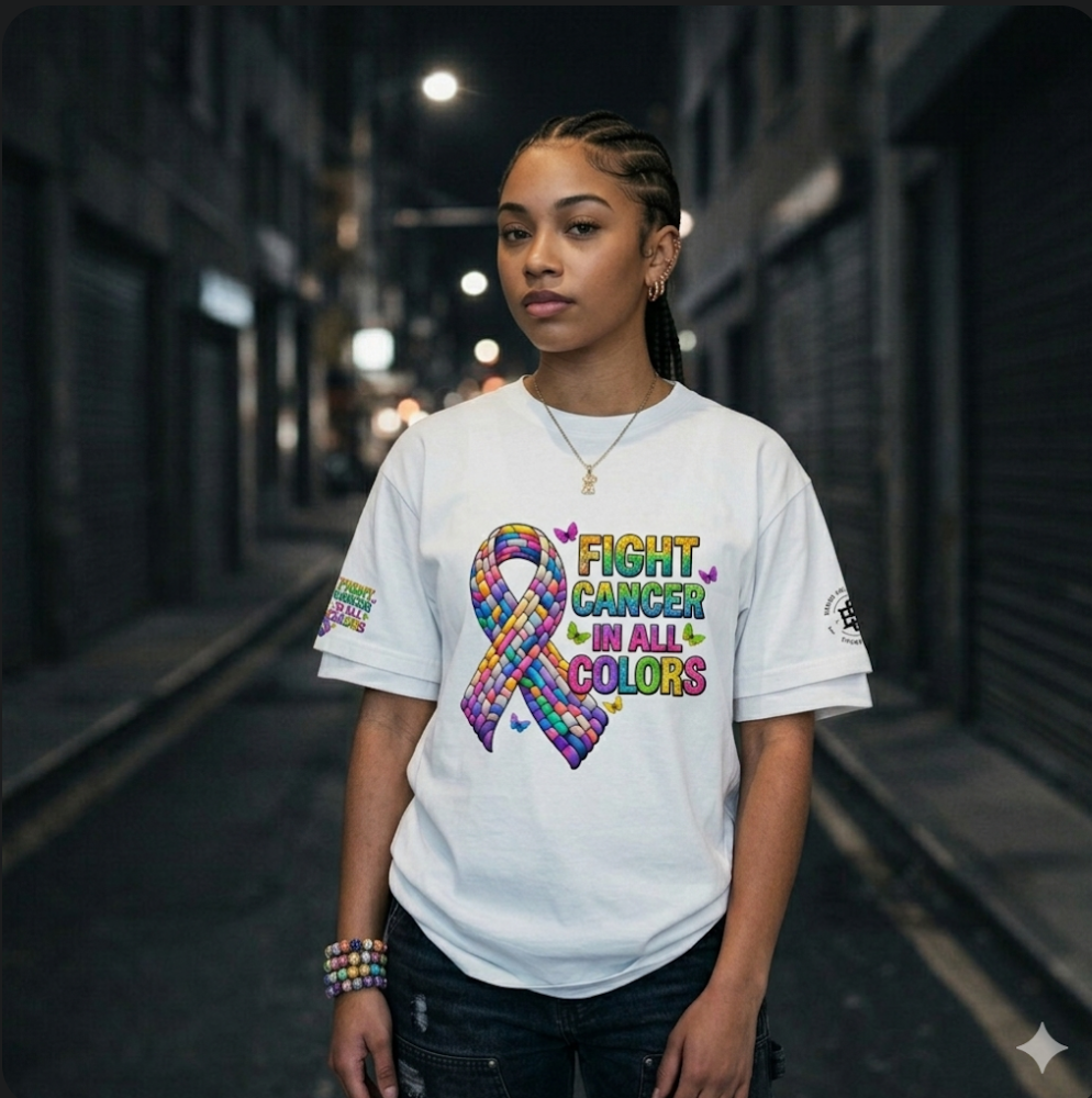 Model wearing Fight Cancer In All Colors tee
