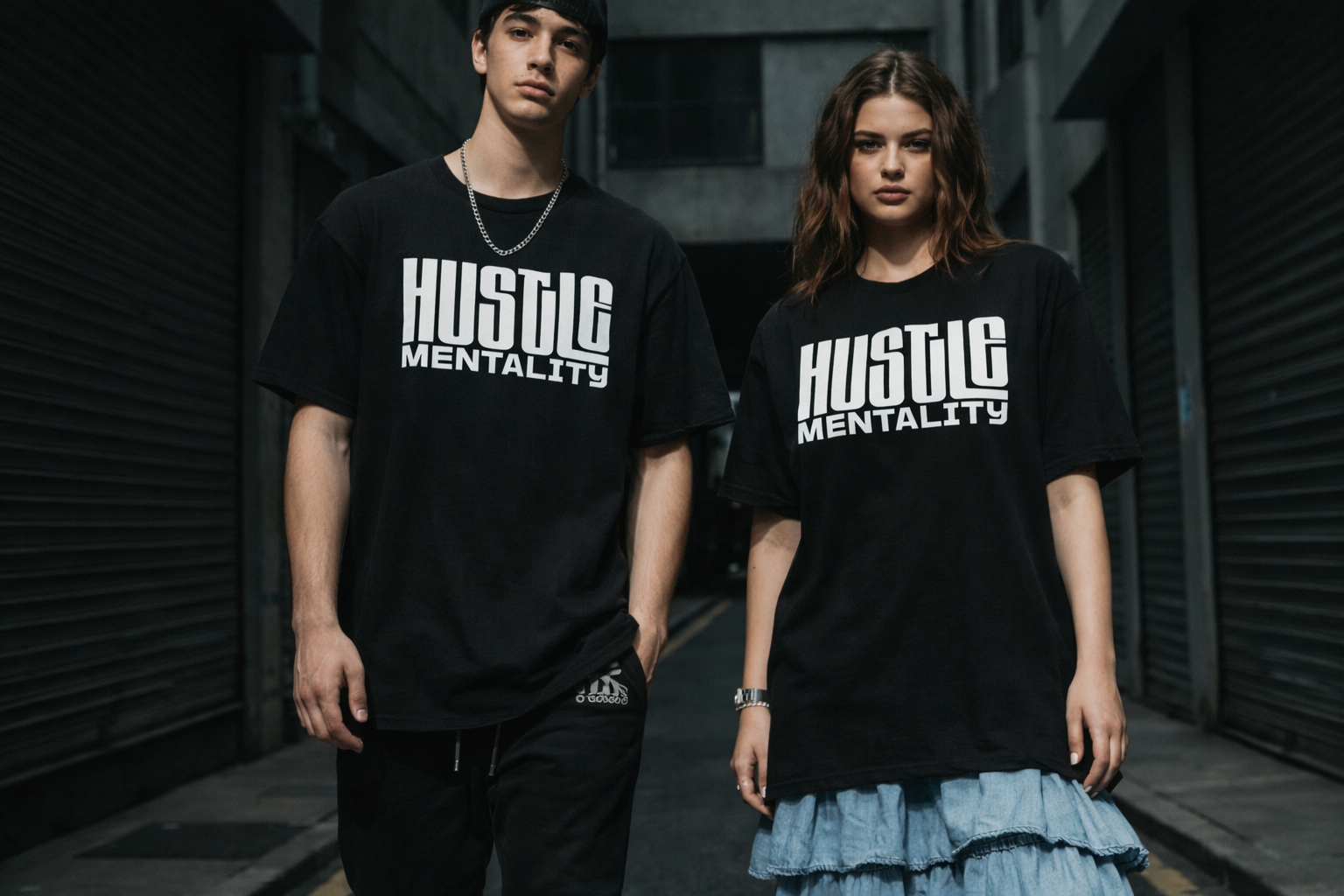 Models wearing Hustle Mentality shirts