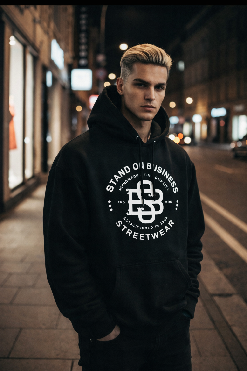 Model in Stand'on Business hoodie