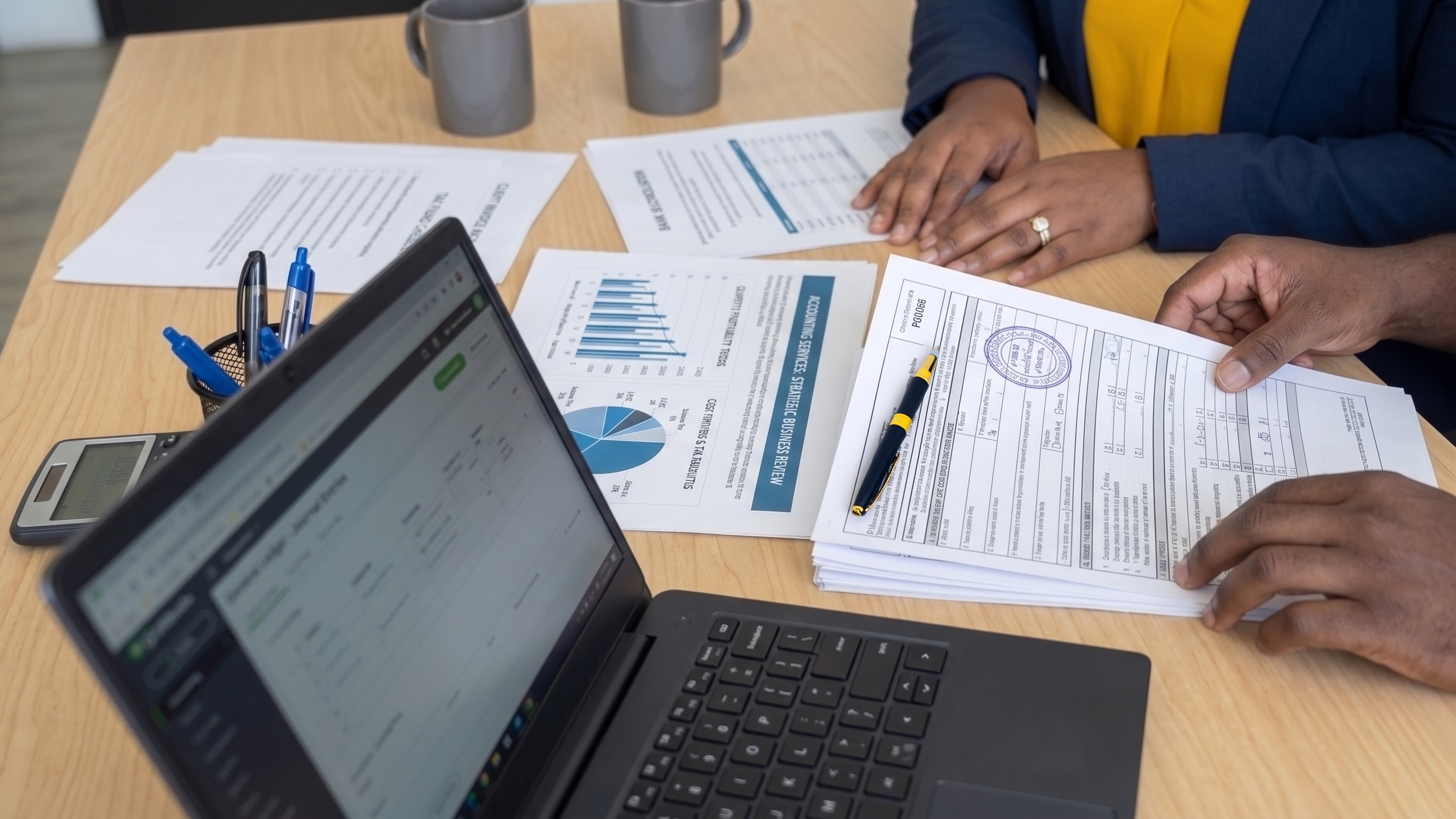 Accounting professionals reviewing financial documents
