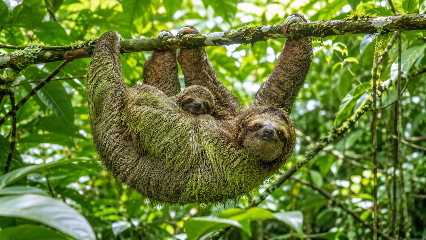 Three toed sloth in the rainforest canopy