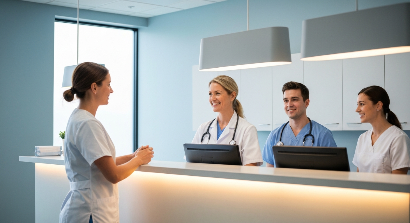 Urgent care environment with staff assisting patients