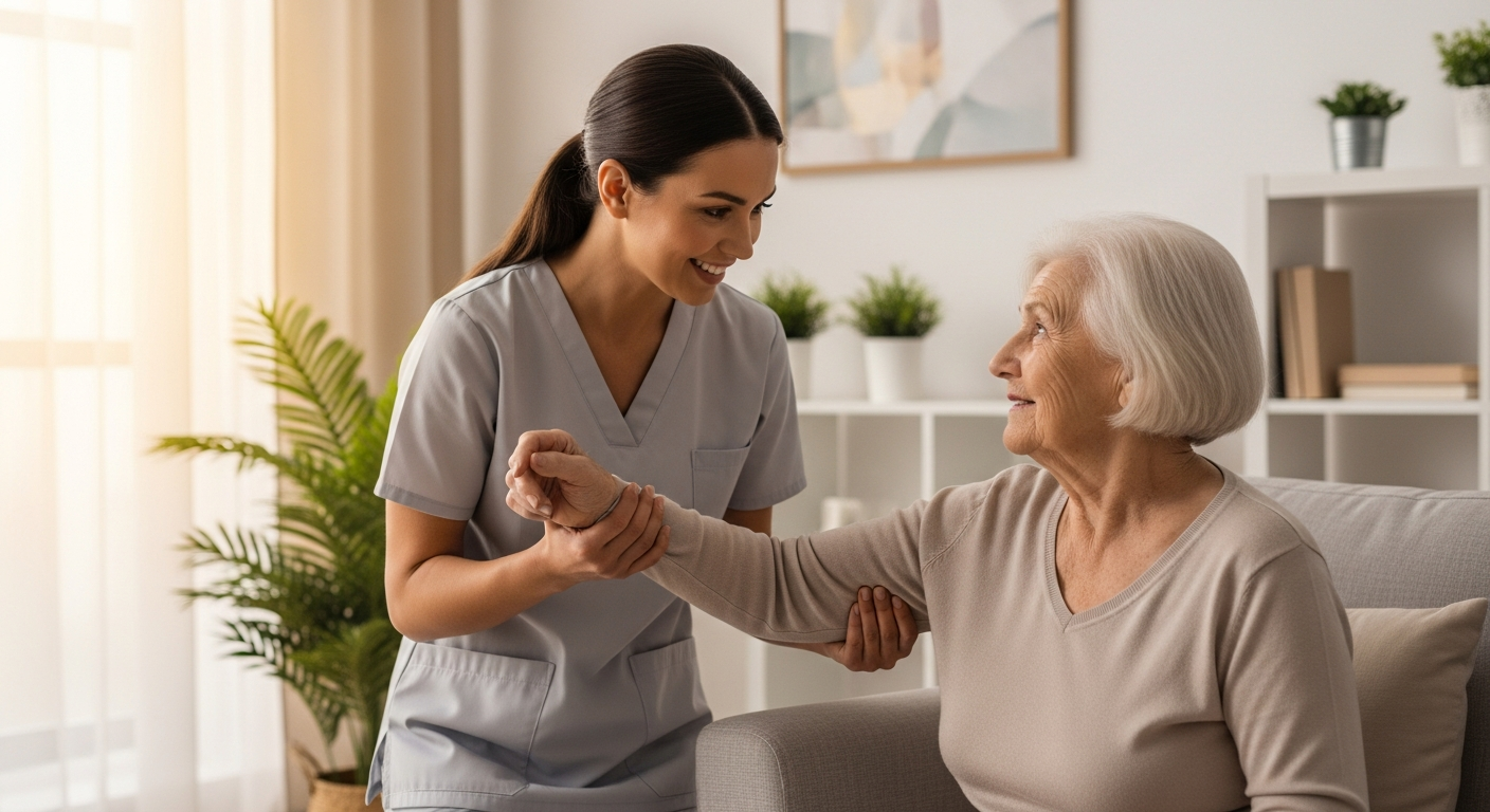 Caregiver assisting patient in home environment, warm and trustworthy