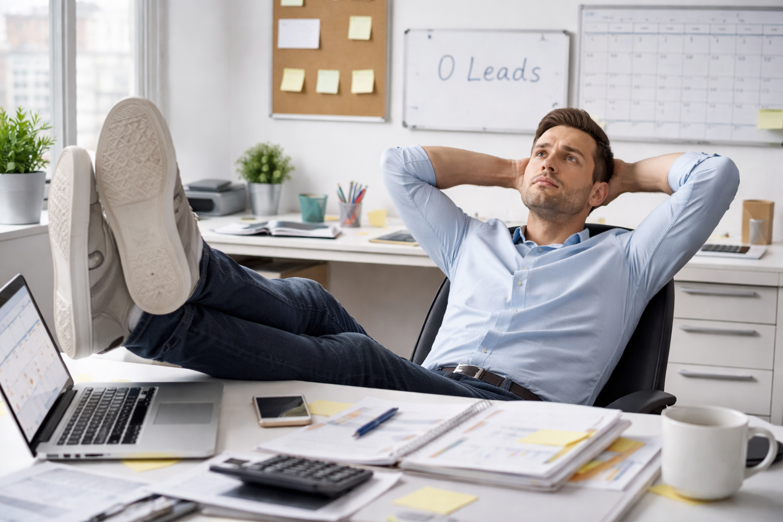 Worried business owner in new office