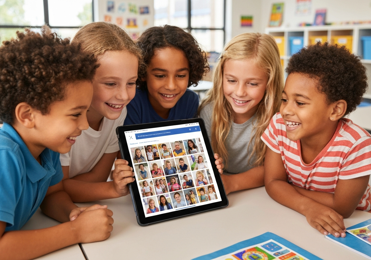 Elementary students looking at a digital yearbook