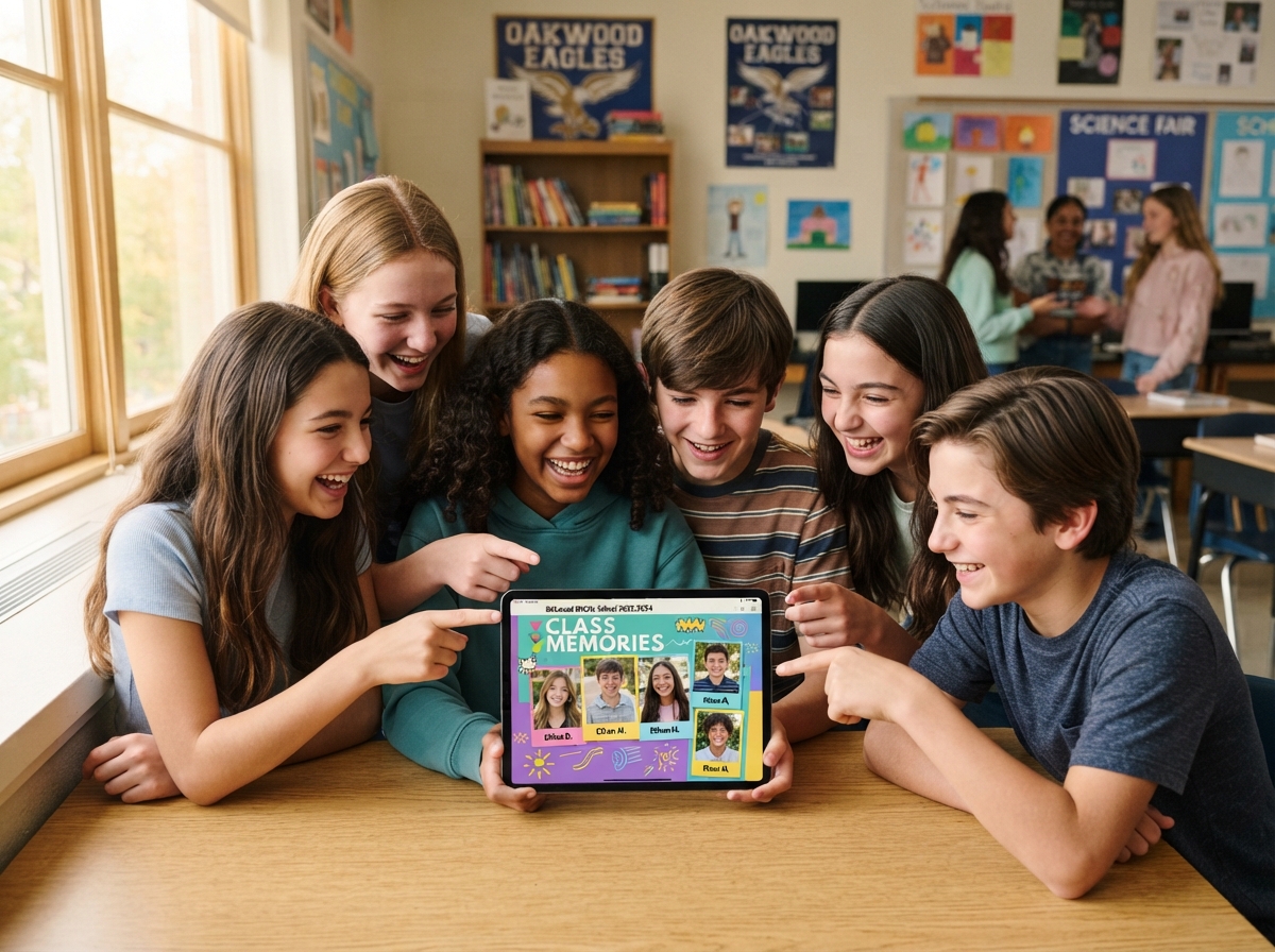 Middle school students looking at a digital yearbook on a tablet together