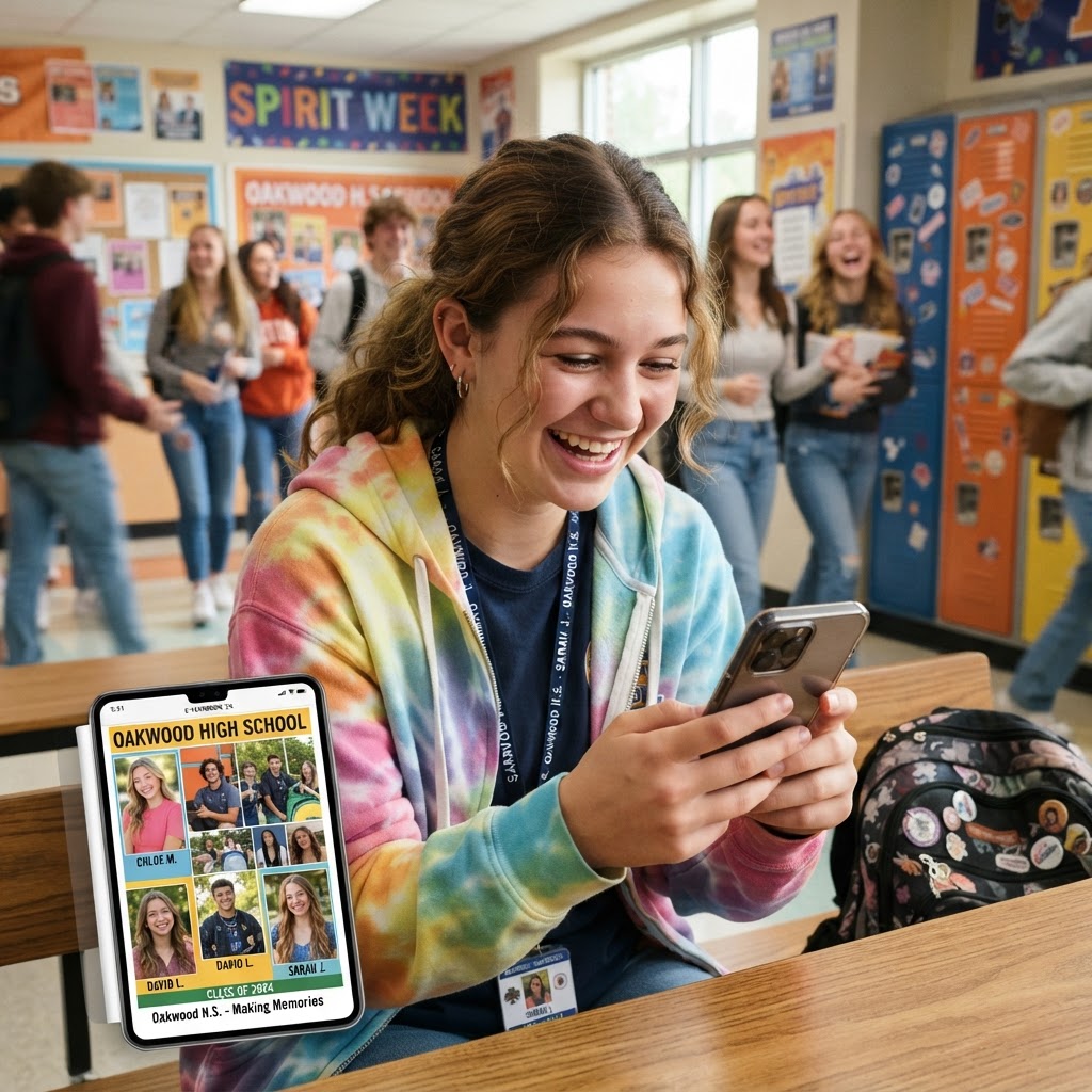 High school student smiling while viewing a digital yearbook on phone