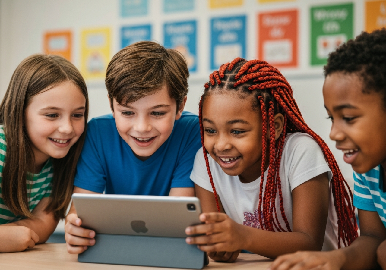 Elementary students looking at a tablet together