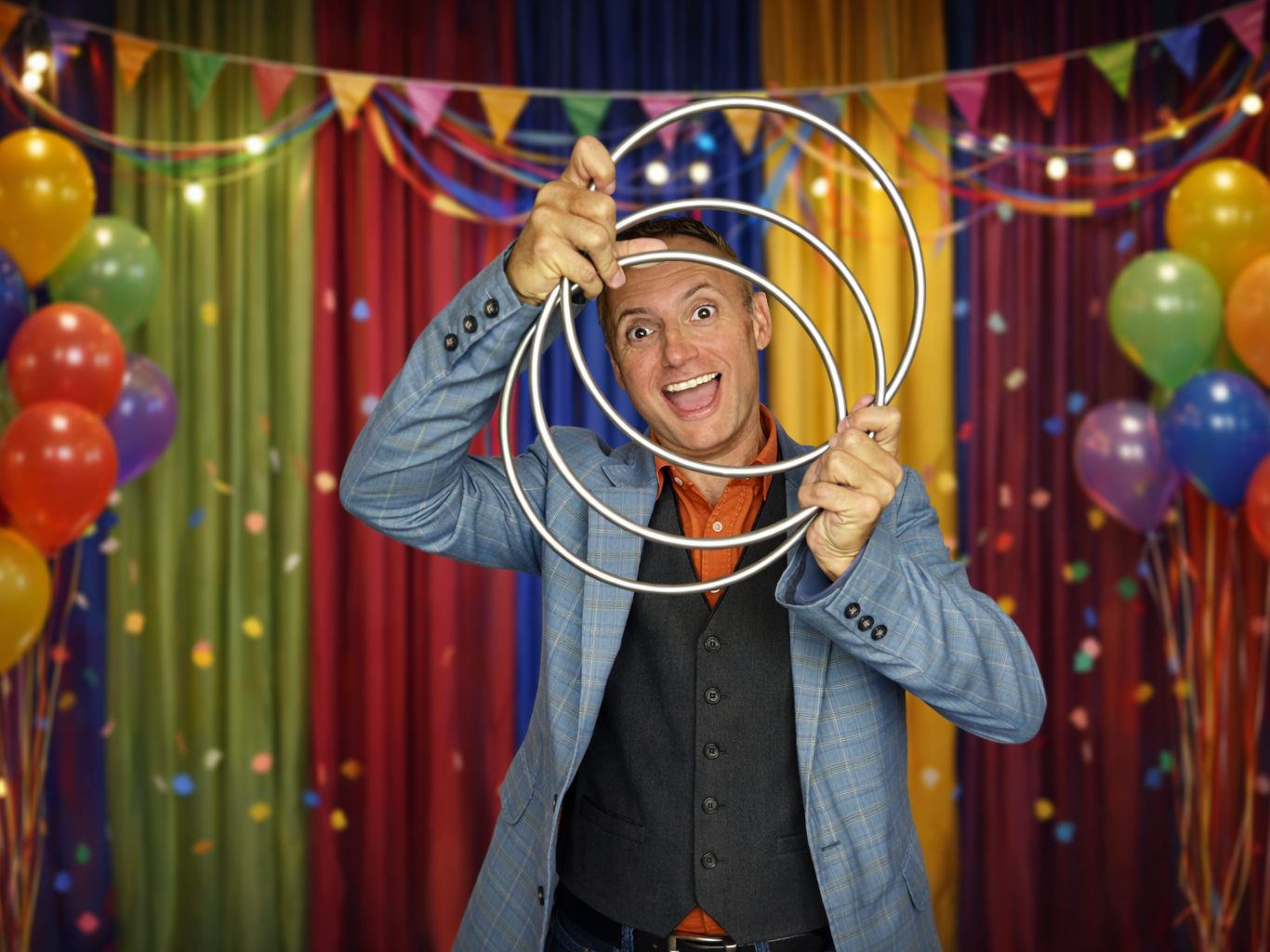Magician holding metal rings