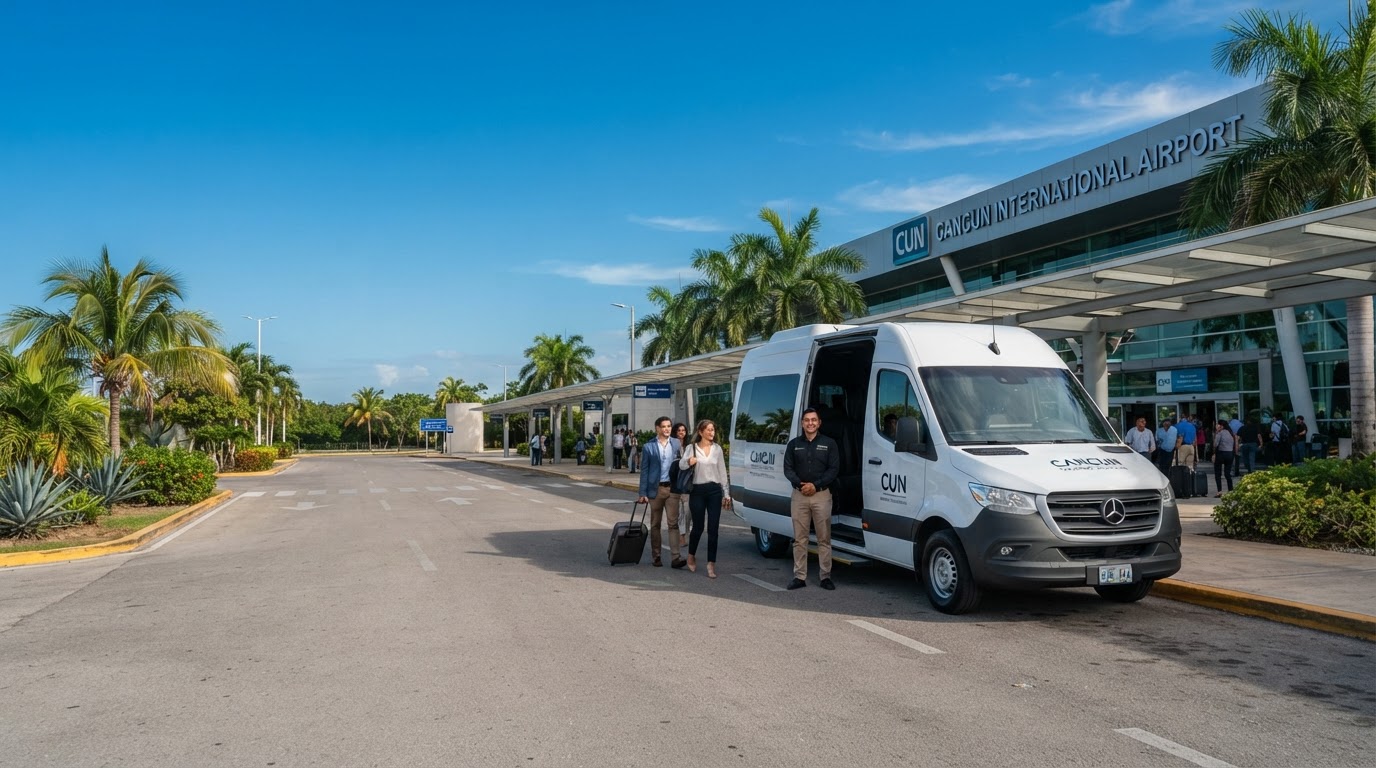 Modern van waiting outside Cancun International Airport with palm trees