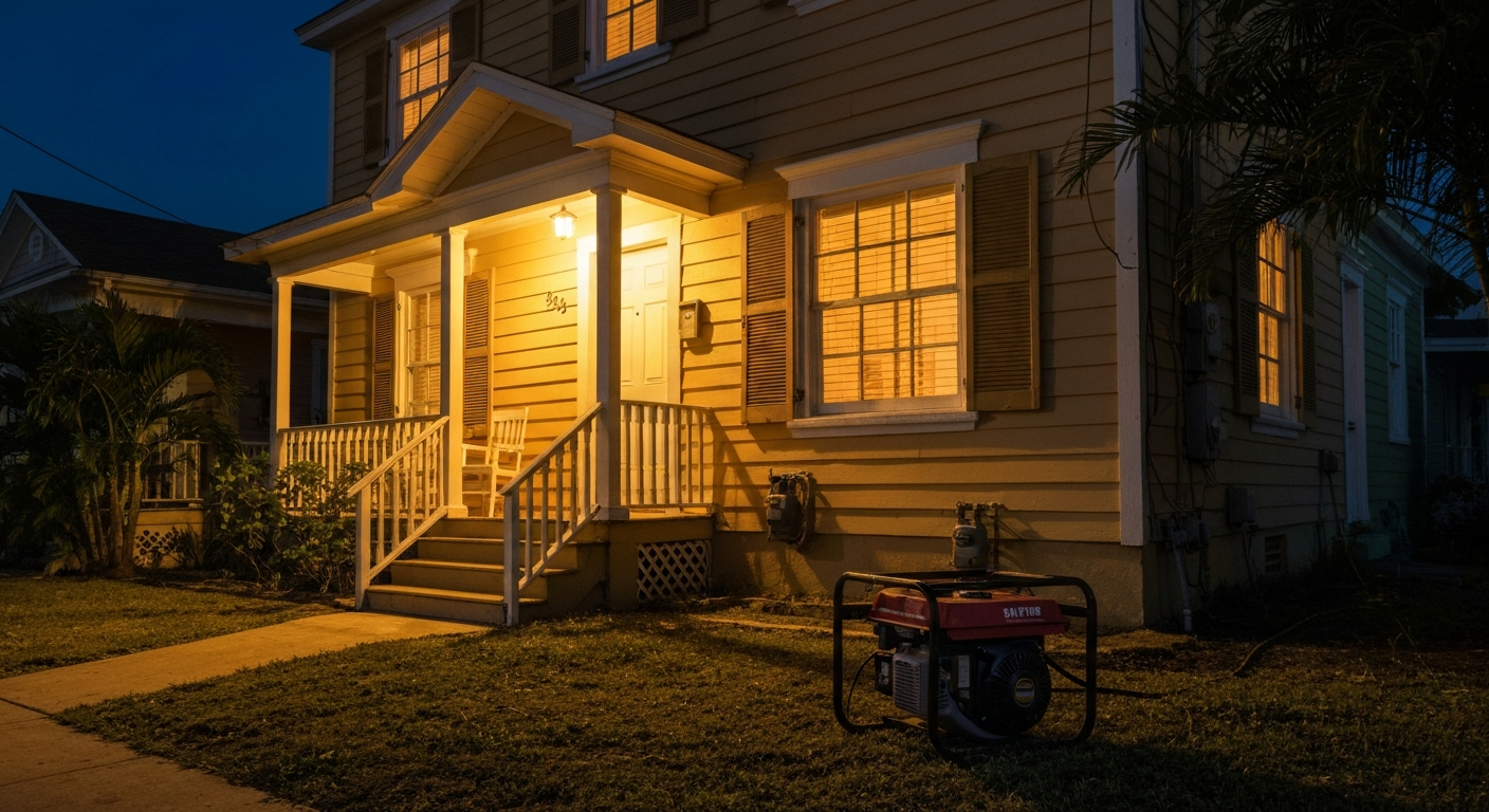 Puerto Rican home lit up at night during a power outage with a propane generator running