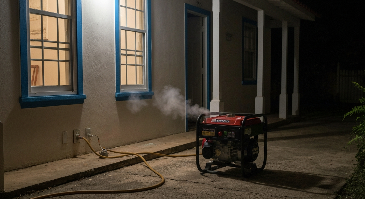 Generador de gas propano correctamente ubicado en el exterior de una casa en Puerto Rico durante un apagón