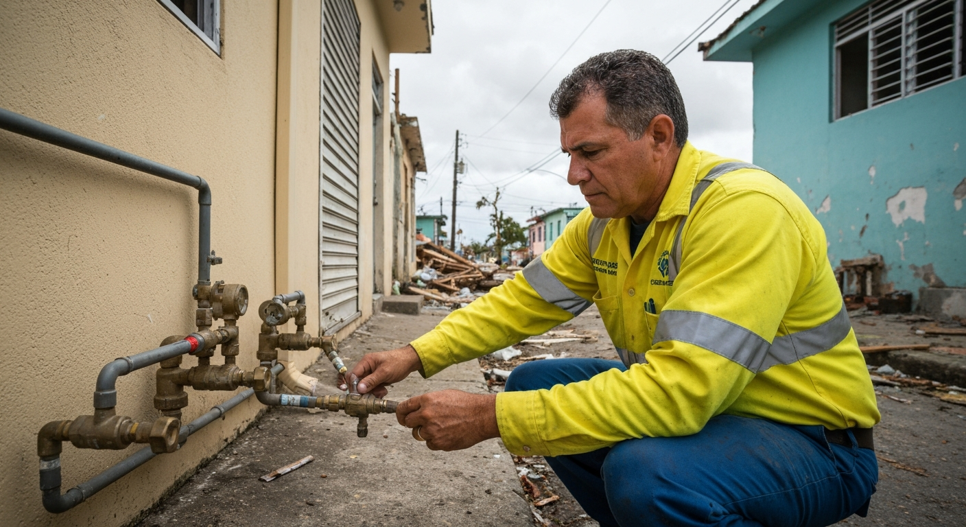 Técnico certificado de Tropigas inspeccionando sistema de gas propano después de un huracán en Puerto Rico