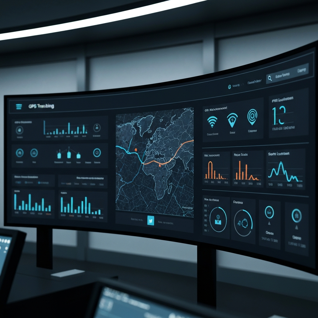 A modern, high-tech dashboard interface displaying GPS tracking data, risk assessment metrics, and secure location mapping.