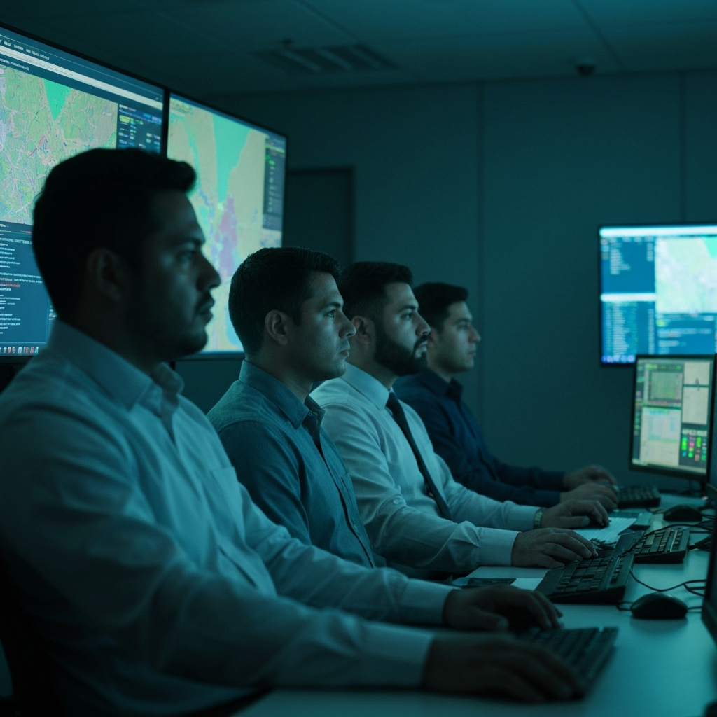 Modern high-tech monitoring center dashboard showing 24/7 security and oversight