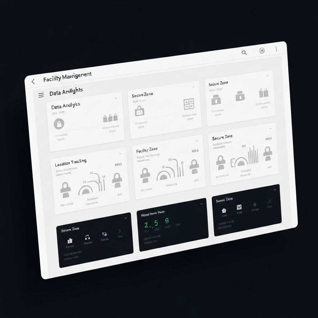 High-tech digital facility management dashboard showing multiple secure zones