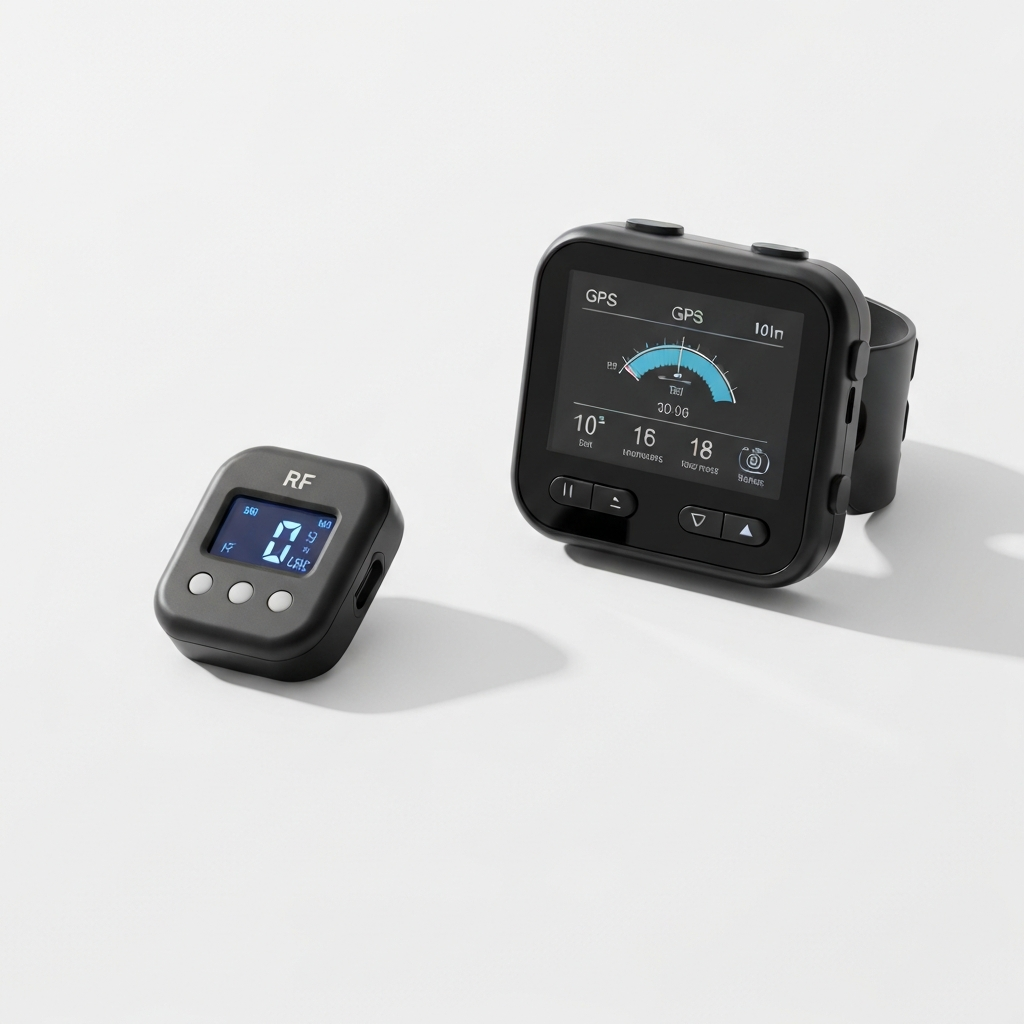 High-tech layout showing a modern black GPS ankle monitor alongside a small digital RF beacon