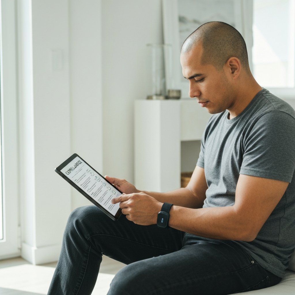 Latino male in a clean home setting looking at a compliance checklist