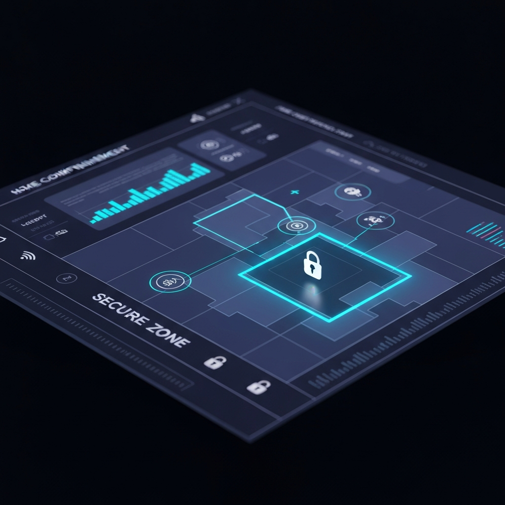 Futuristic smart home interface overlaying a residential map representing home confinement