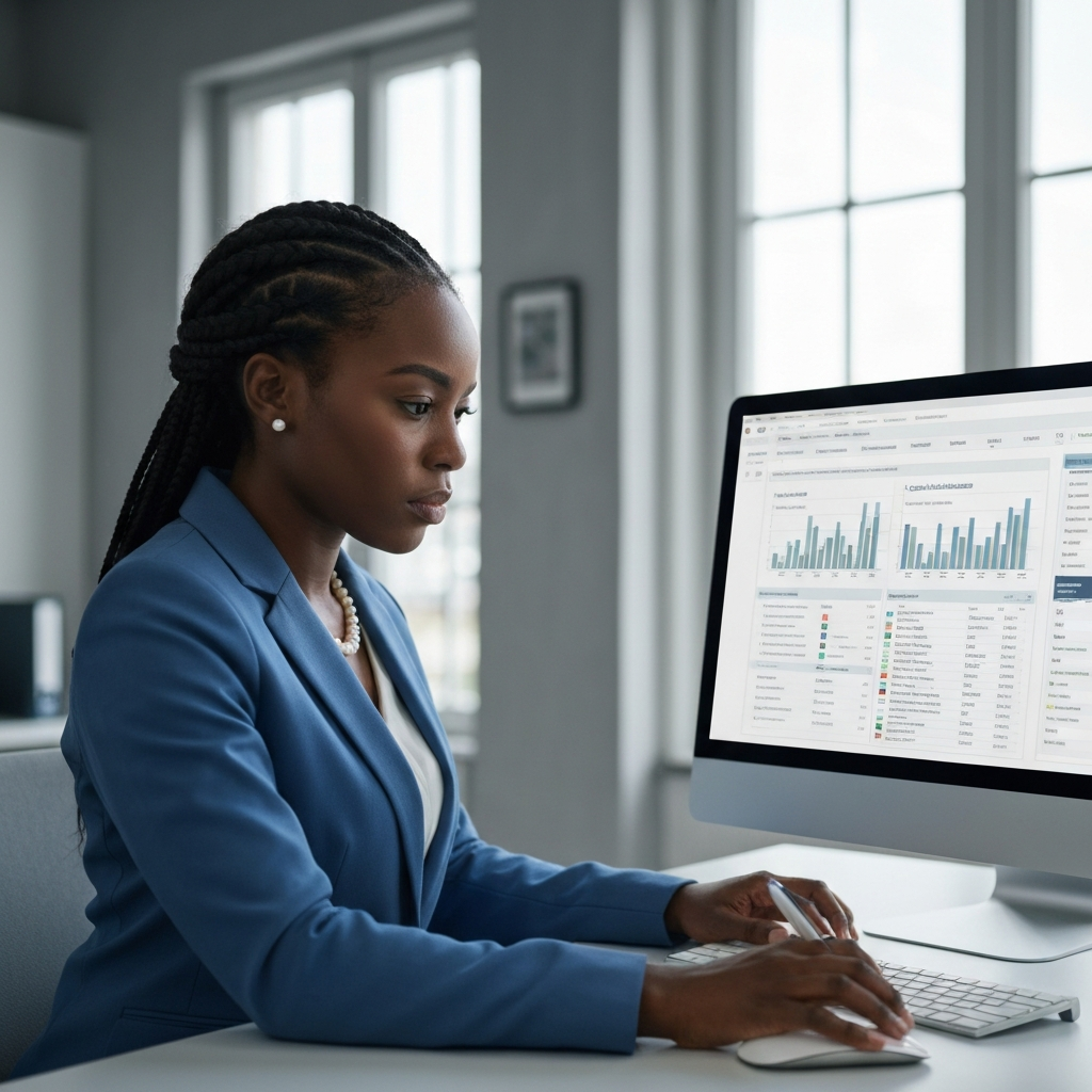 Black female probation officer reviewing a compliance dashboard