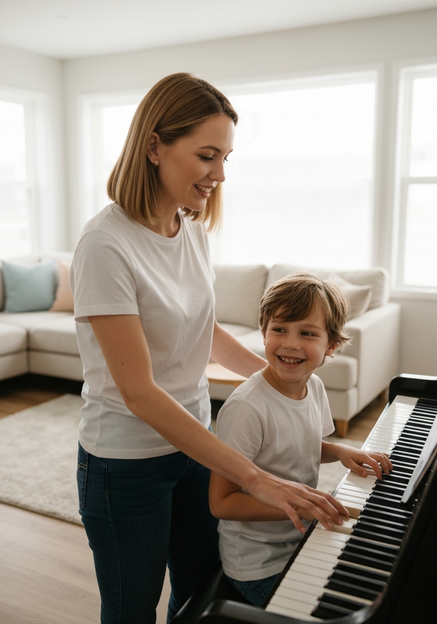 Child learning piano at home