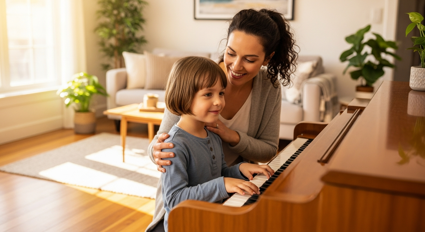 Child taking a piano lesson at home