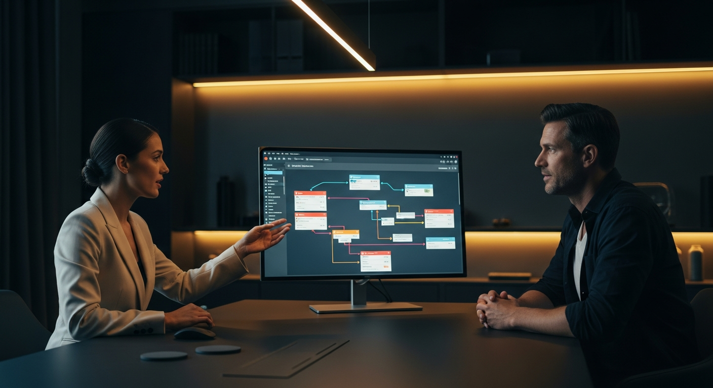 Two professionals discussing CRM workflow