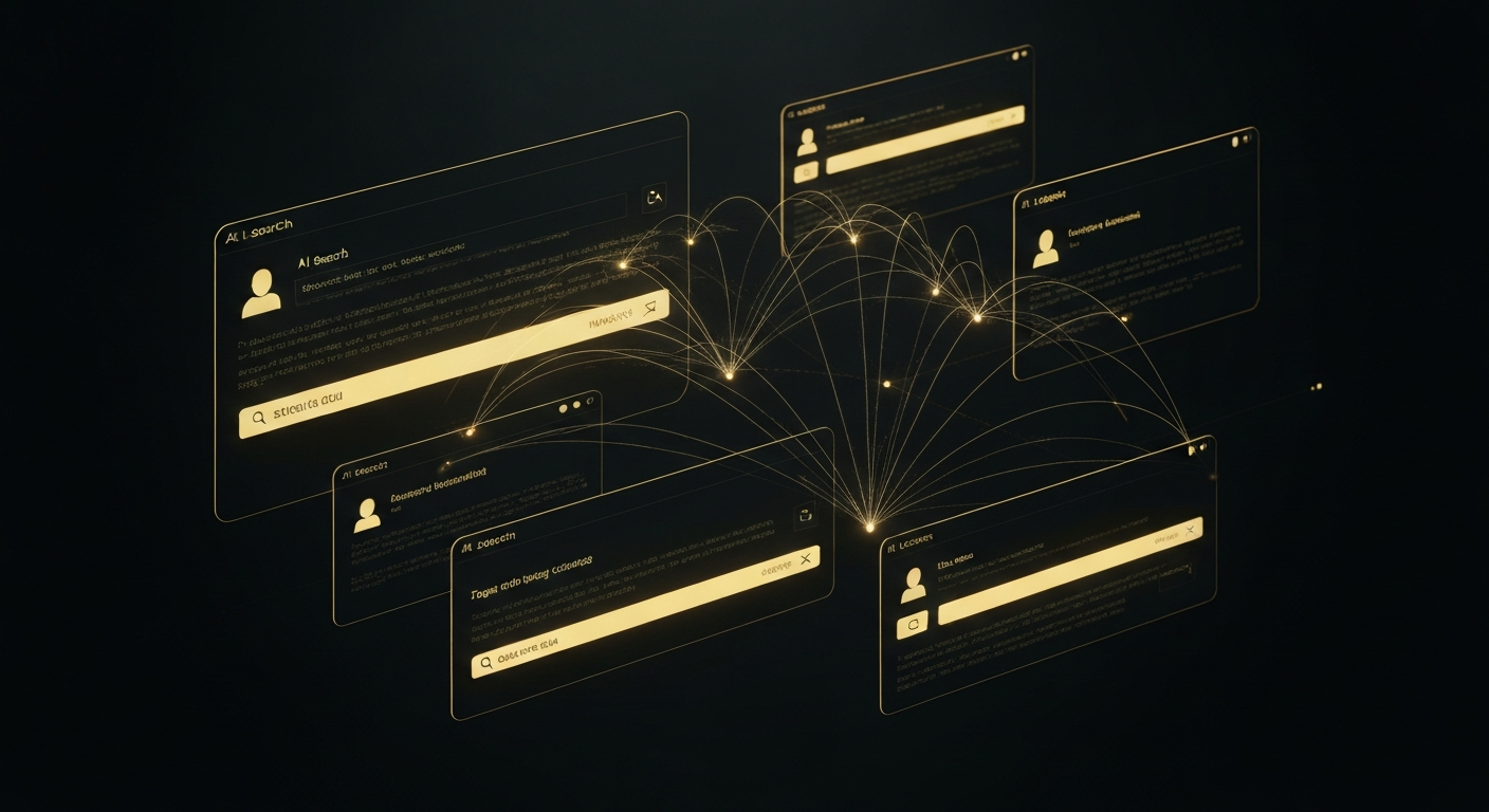Abstract visualization of multiple AI search interfaces glowing gold against a deep dark background