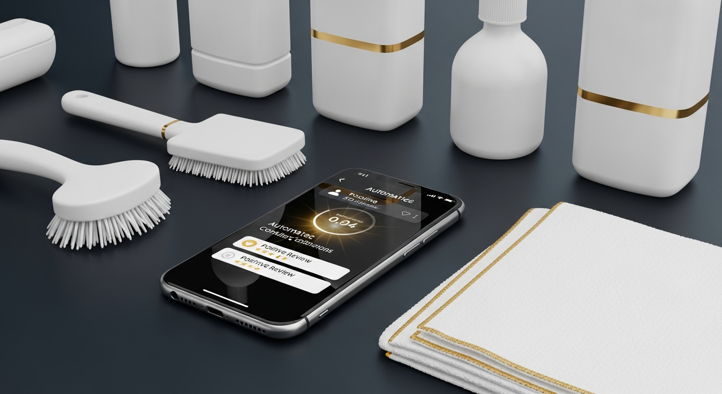 Premium cleaning business aesthetic with smartphone showing automated booking confirmations