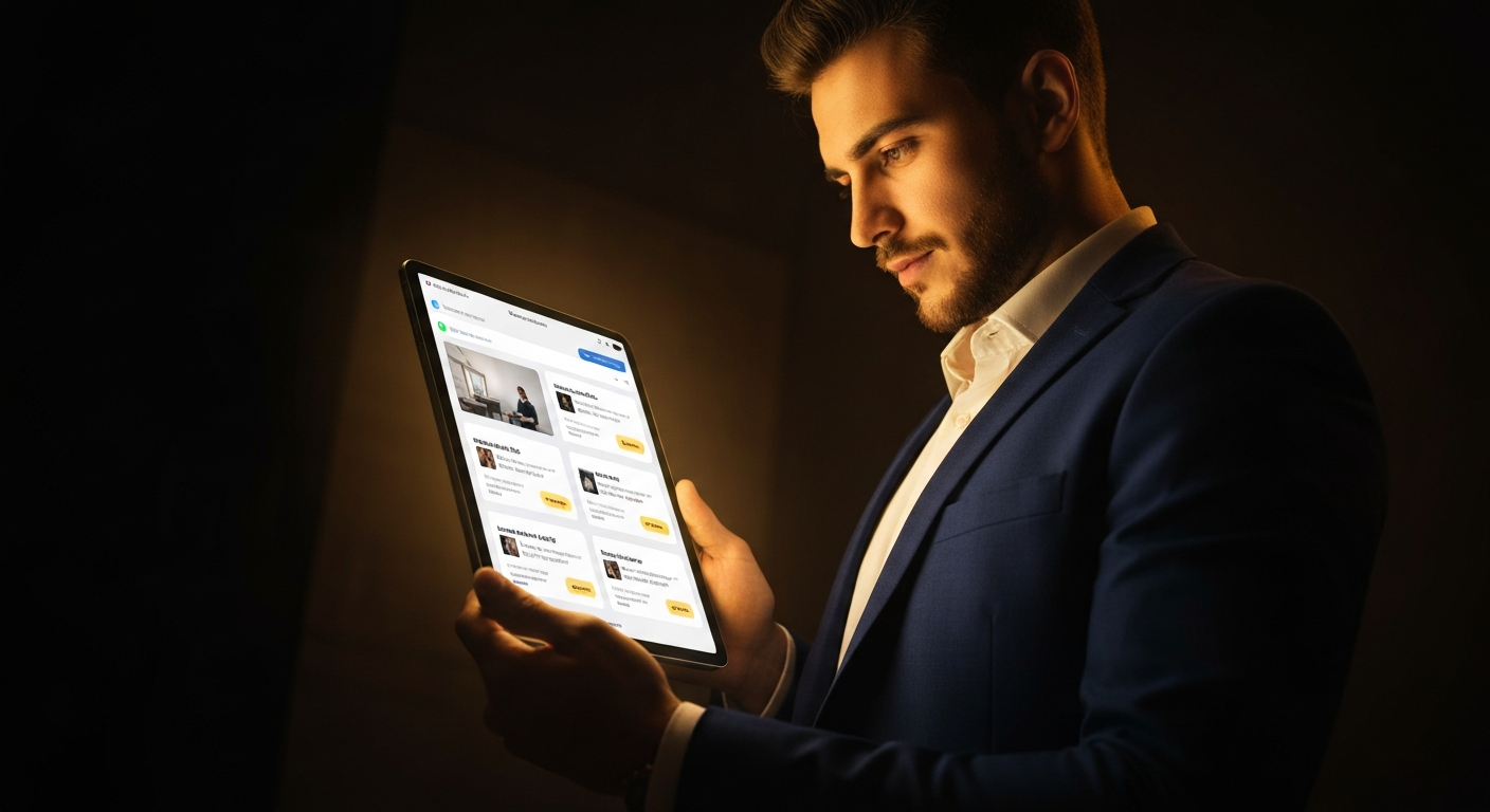 Home service professional reviewing CRM dashboard on a tablet