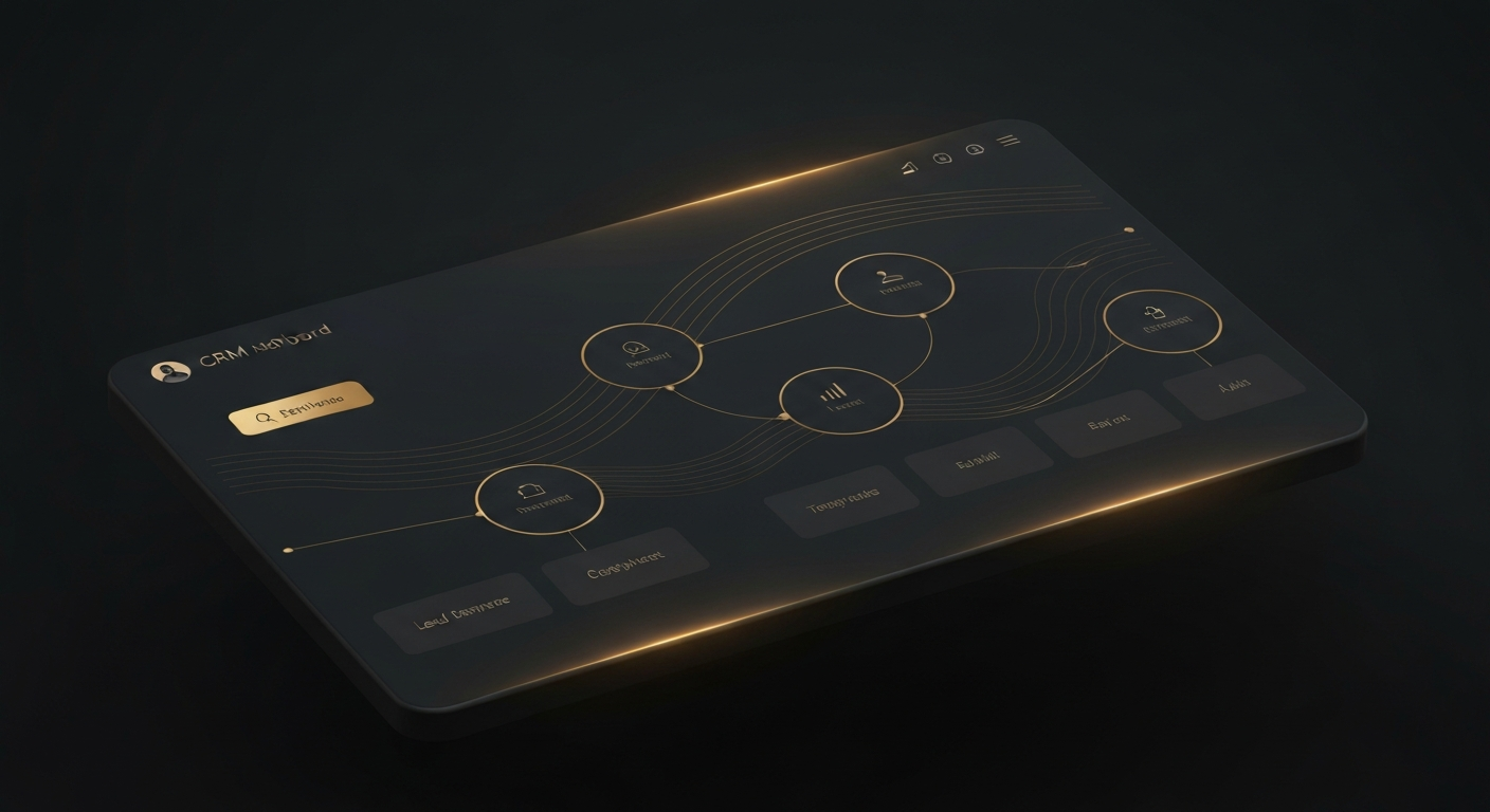 CRM dashboard interface floating in a dark background with subtle gold glowing accents