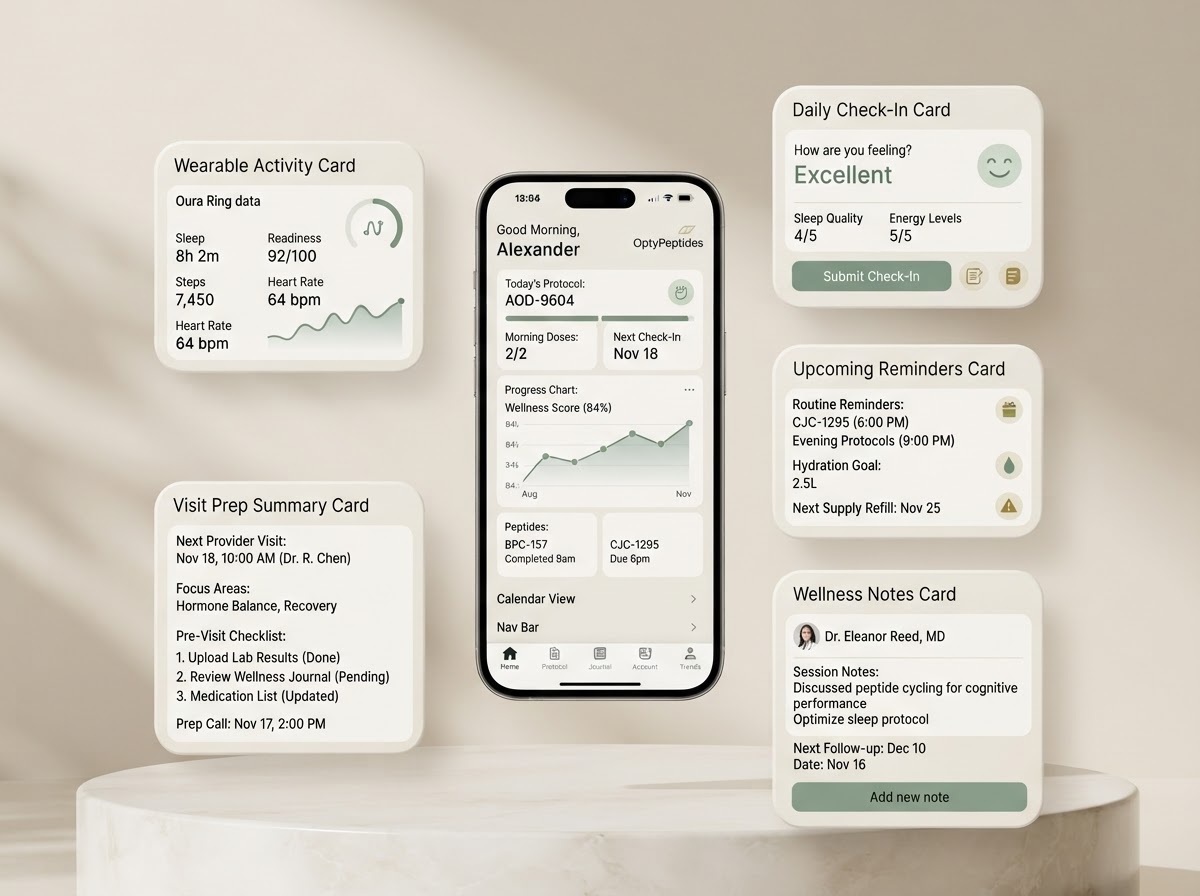 OptyPeptides app ecosystem dashboard showing routine tracking, check-ins, reminders, and wellness trends