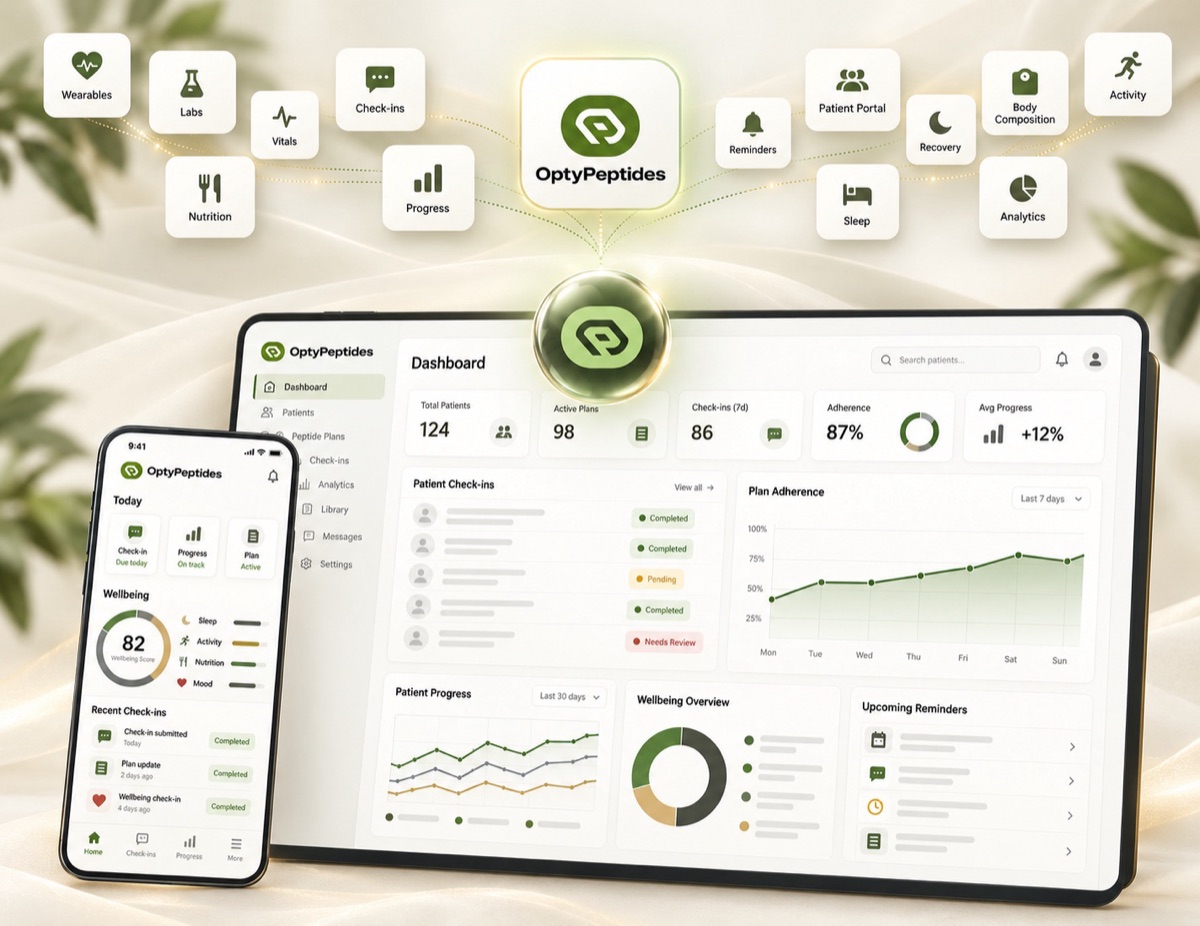 OptyPeptides app ecosystem dashboard showing routine tracking, check-ins, reminders, and wellness trends