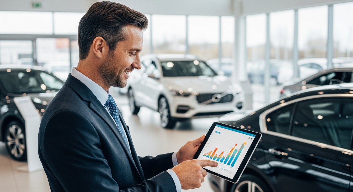 Small business owner reviewing growth metrics